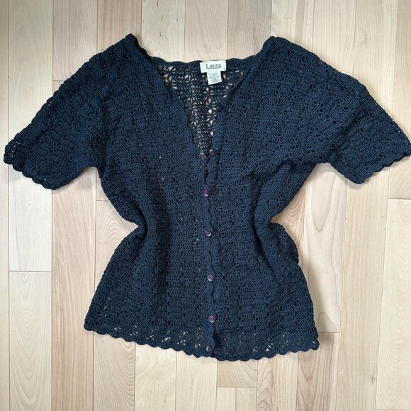 Vintage Navy Crochet Top 100% Cotton, Scalloped Hem - Picture 6 of 8